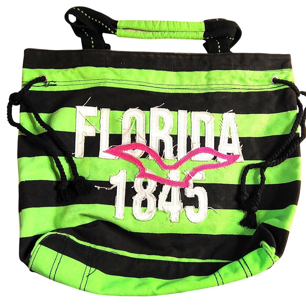 Distressed Canvas Tote Bag Drawstring Florida 1845 Green & Black Striped Handles